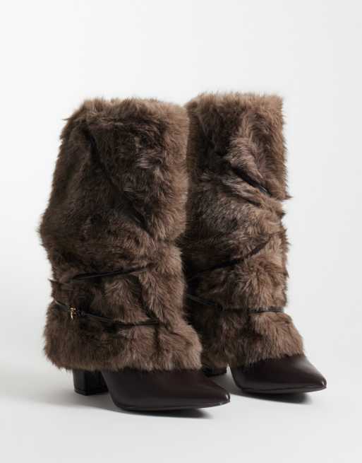 SEQWL Ranger enkellaarzen met blokhak en faux-fur in bruin, 2 van 5