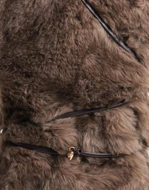 SEQWL Ranger enkellaarzen met blokhak en faux-fur in bruin, 3 van 5