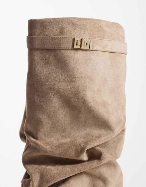 SEQWL Ranger faux suede fold over knee boots in taupe, 3 of 4