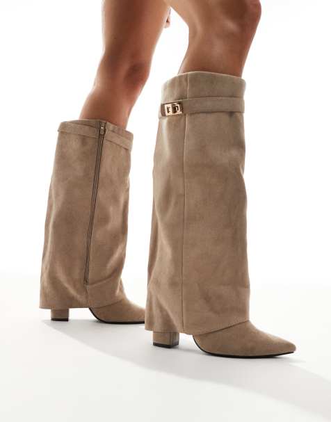 SEQWL Ranger fold over knee boots in taupe - view 1