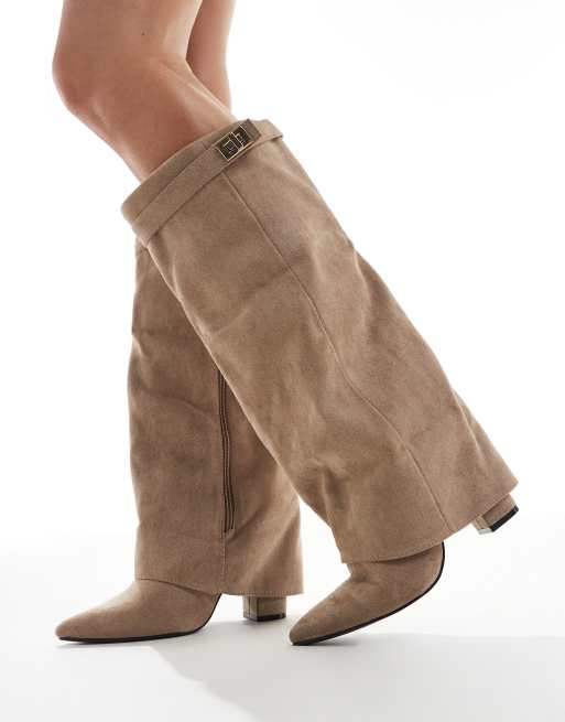 SEQWL Ranger fold over knee boots in taupe