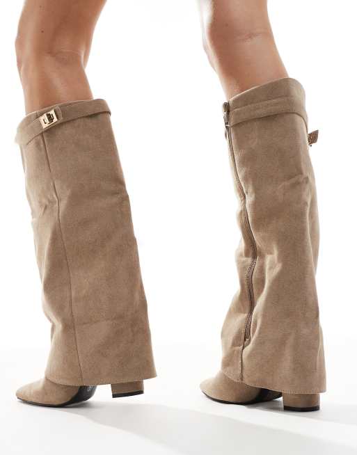 SEQWL Ranger fold over knee boots in taupe