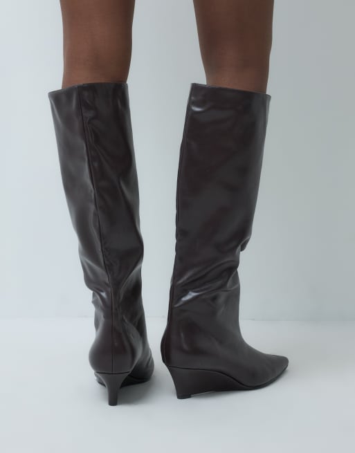 SEQWL refined wedge knee boots in chocolate brown, 2 of 4