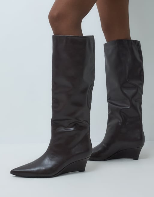 SEQWL refined wedge knee boots in chocolate brown, 3 of 4