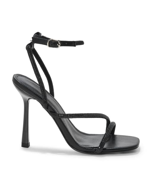 SEQWL Rhinestone high heeled strappy sandals with ankle strap in black, 3 of 5