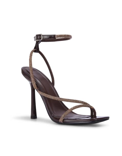 SEQWL Rhinestone high heeled strappy sandals with ankle strap in brown - view 1