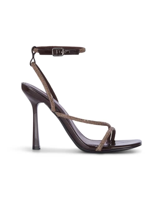 SEQWL Rhinestone high heeled strappy sandals with ankle strap in brown, 3 of 5
