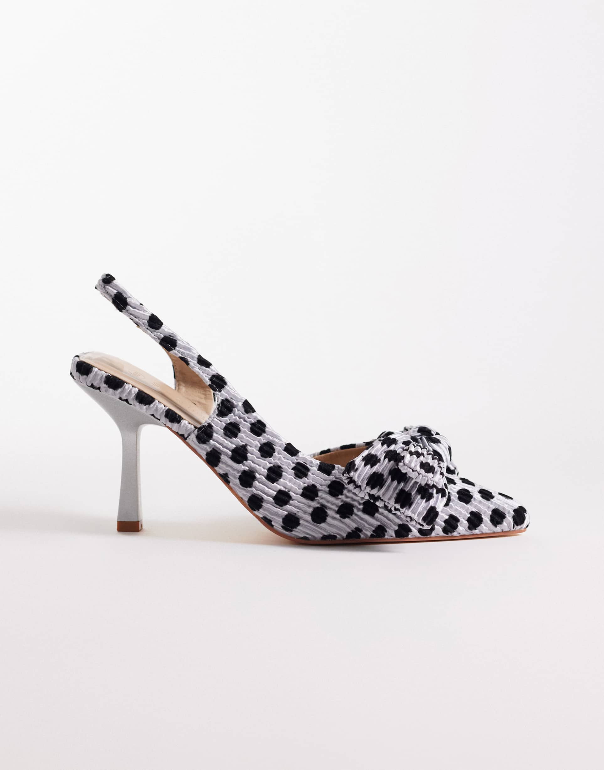 seqwl salado slingback block heeled shoes with bow detailing in black/silver polka dots