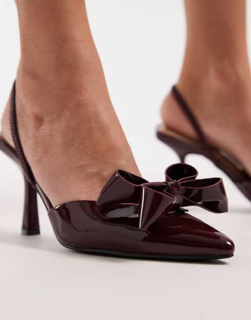 SEQWL Salado slingback heeled pumps with bow detailing in berry patent, 4 of 4