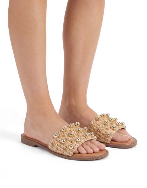 SEQWL Slide flat casual sandals with embellished stud detail in beige, 4 of 5
