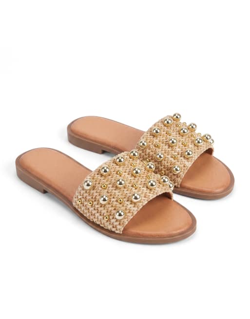 SEQWL Slide flat casual sandals with embellished stud detail in beige, 5 of 5