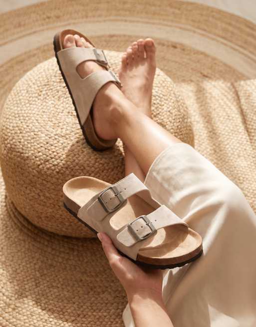 SEQWL Slide sandals double buckle mules with cork footbed in stone, 2 of 5