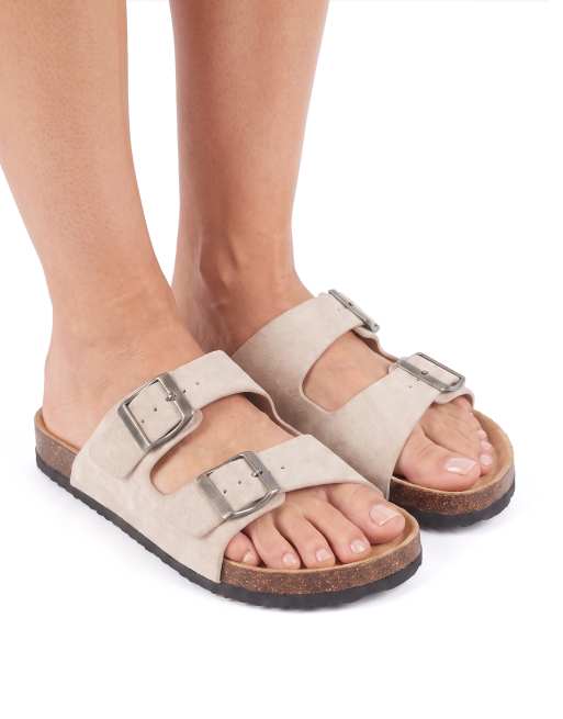 SEQWL Slide sandals double buckle mules with cork footbed in stone, 4 of 5