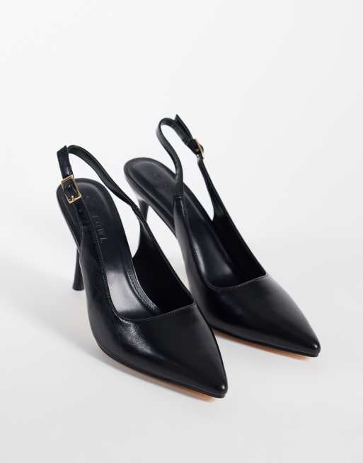 SEQWL sling back pointed stiletto heeled shoes in black faux leather, 2 of 4
