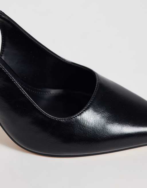 SEQWL sling back pointed stiletto heeled shoes in black faux leather, 3 of 4