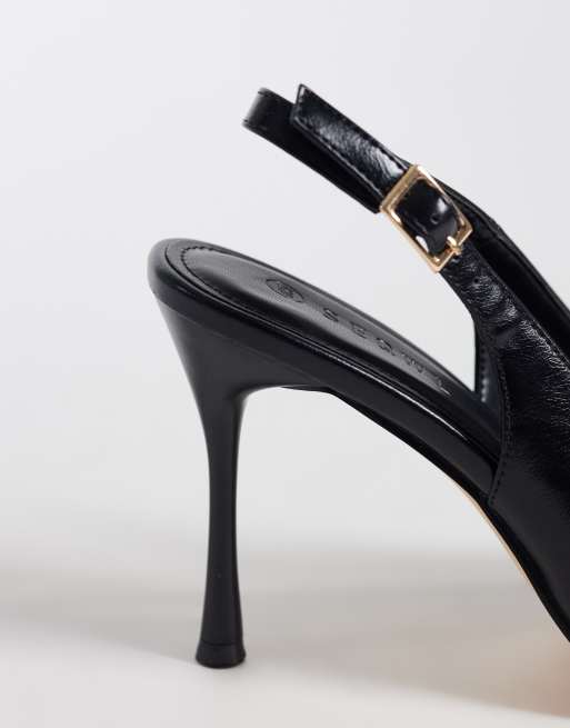 SEQWL sling back pointed stiletto heeled shoes in black faux leather, 4 of 4