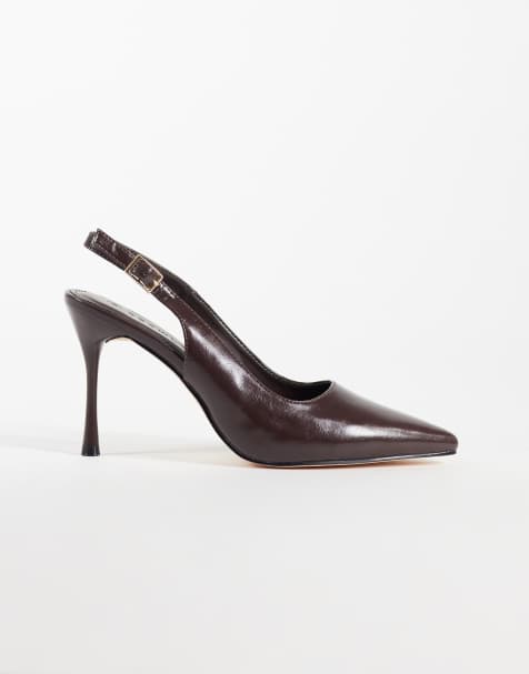 SEQWL sling back pointed stiletto heeled shoes in brown faux leather - view 1
