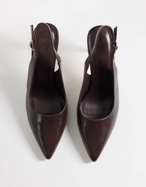 SEQWL sling back pointed stiletto heeled shoes in brown faux leather, 2 of 4