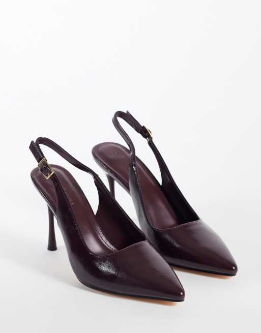 SEQWL sling back pointed stiletto heeled shoes in burgundy faux leather, 2 of 4
