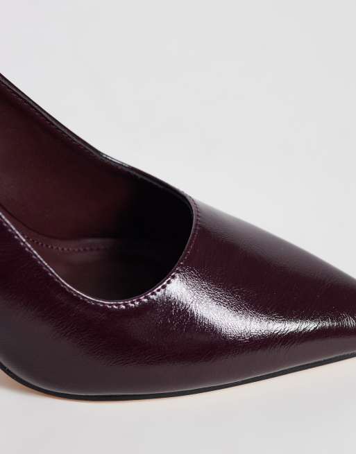 SEQWL sling back pointed stiletto heeled shoes in burgundy faux leather, 3 of 4