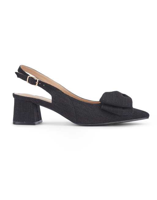 SEQWL Slingback block heel dress pumps pointed toe with bow detail in black, 3 of 5