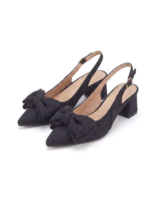SEQWL Slingback block heel dress pumps pointed toe with bow detail in black, 5 of 5