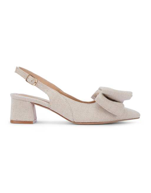 SEQWL Slingback block heel dress pumps pointed toe with bow detail in cream, 3 of 5