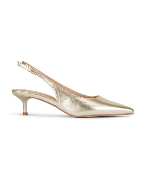 SEQWL Slingback kitten heels pumps pointed toe with ankle strap in gold, 3 of 5