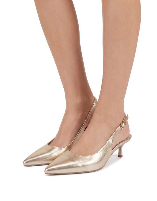 SEQWL Slingback kitten heels pumps pointed toe with ankle strap in gold, 4 of 5