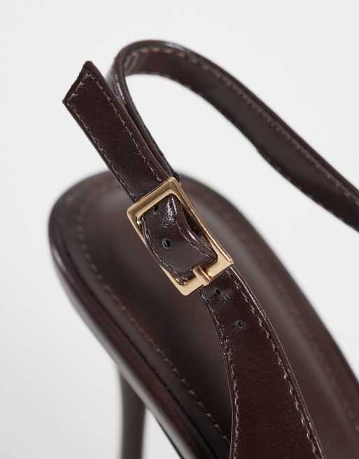SEQWL slingback pointed stiletto heeled shoes in brown faux leather, 3 of 4