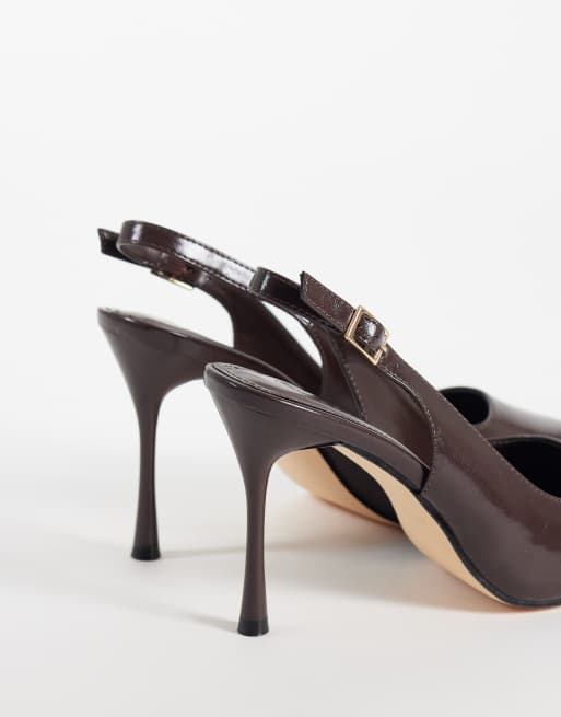 SEQWL slingback pointed stiletto heeled shoes in brown faux leather, 4 of 4