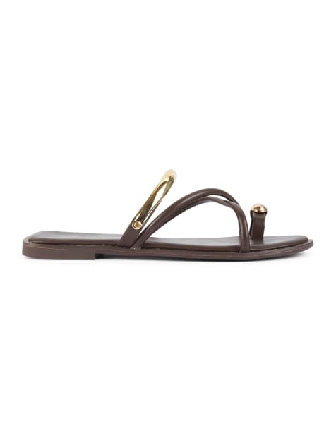 SEQWL Slip on flat sandals with strappy toe loop and oval detail in brown - view 1