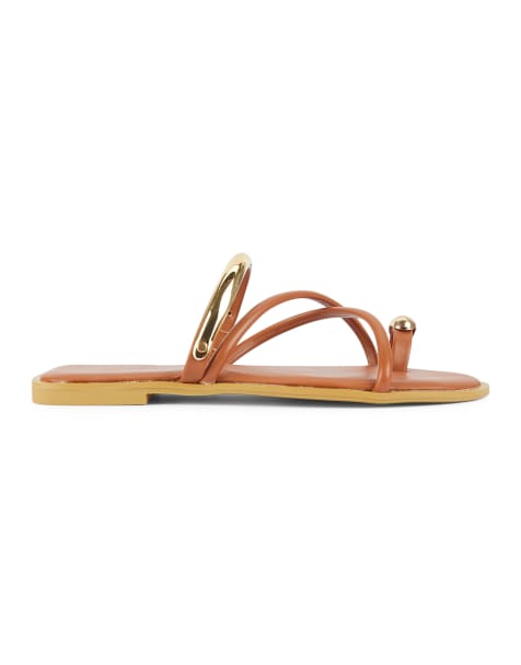 SEQWL Slip on flat sandals with strappy toe loop and oval detail in tan - view 1