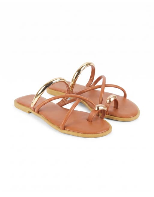 SEQWL Slip on flat sandals with strappy toe loop and oval detail in tan, 5 of 5
