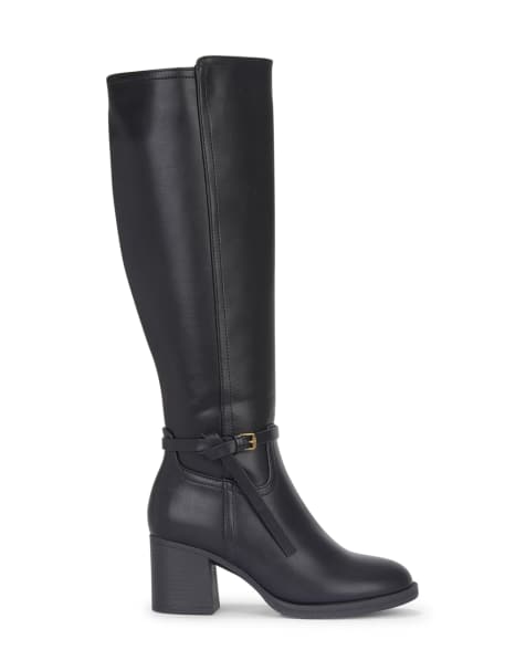SEQWL Slip on knee high boots block mid heel with buckle detail in black - view 1