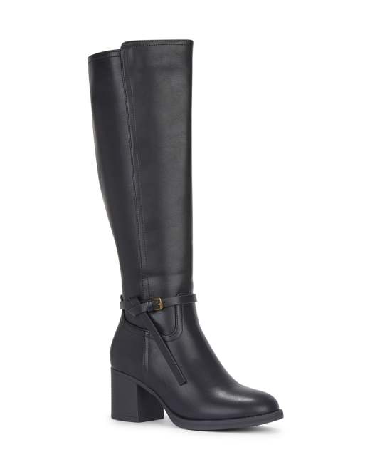 SEQWL Slip on knee high boots block mid heel with buckle detail in black, 2 of 2