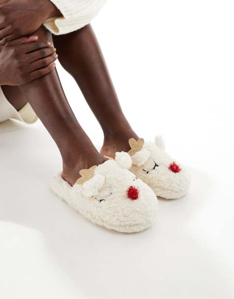SEQWL Slip reindeer slippers in cream - view 1