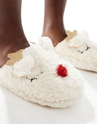 Seqwl Slip Reindeer Slippers In White