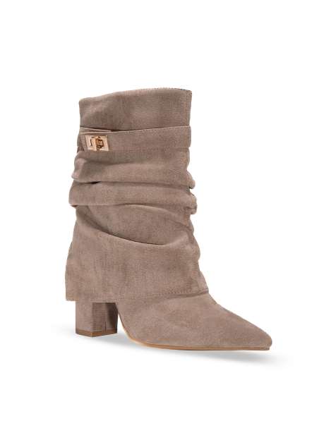 SEQWL Slouch mid calf booties with high block heel and pointed toe in taupe - view 1
