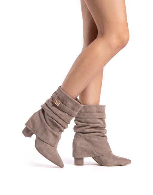 SEQWL Slouch mid calf booties with high block heel and pointed toe in taupe, 3 of 5