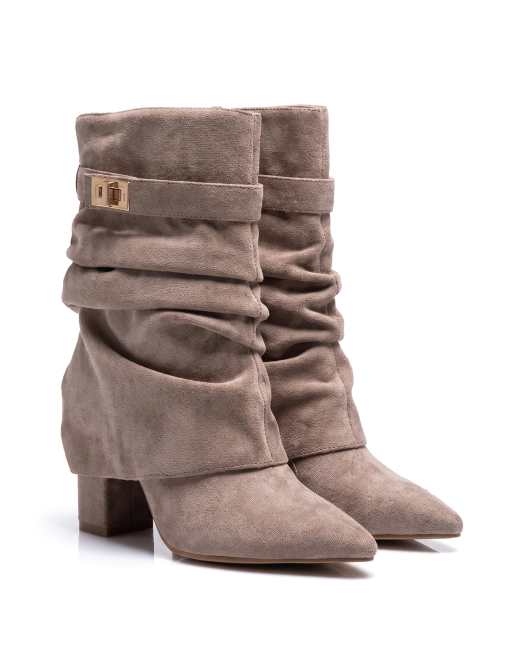 SEQWL Slouch mid calf booties with high block heel and pointed toe in taupe, 4 of 5