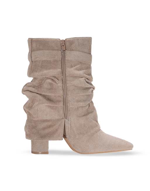 SEQWL Slouch mid calf booties with high block heel and pointed toe in taupe, 5 of 5
