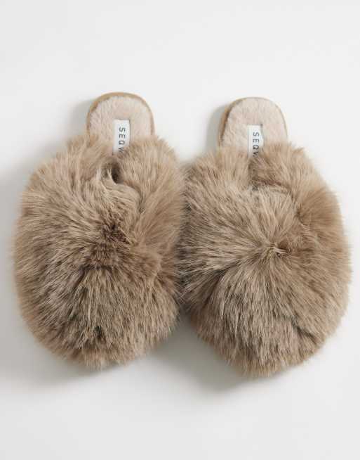 SEQWL Smarties fluffy pom pom slippers in mink, 2 of 4