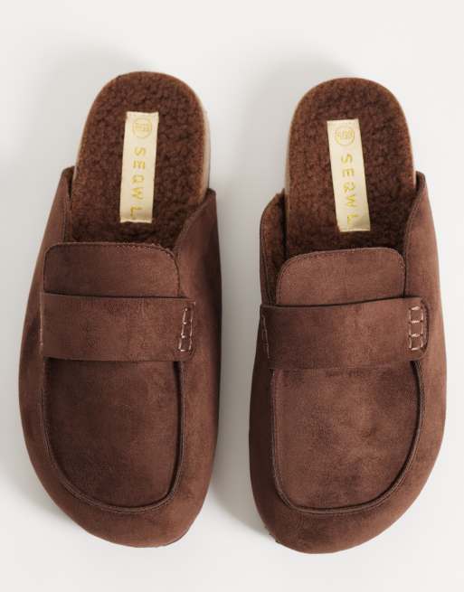 SEQWL Soda faux fur lined slip on loafer mules in brown, 2 of 4