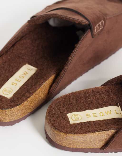SEQWL Soda faux fur lined slip on loafer mules in brown, 4 of 4