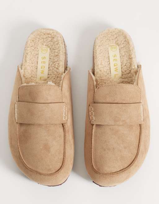 SEQWL Soda faux fur lined slip on loafer mules in taupe, 2 of 4