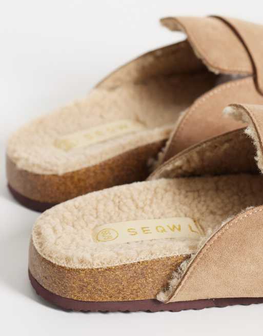 SEQWL Soda faux fur lined slip on loafer mules in taupe, 4 of 4