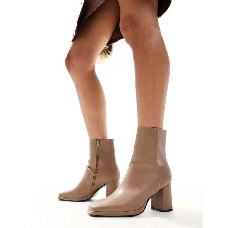 SEQWL square toe block heel ankle boots in taupe | ASOS