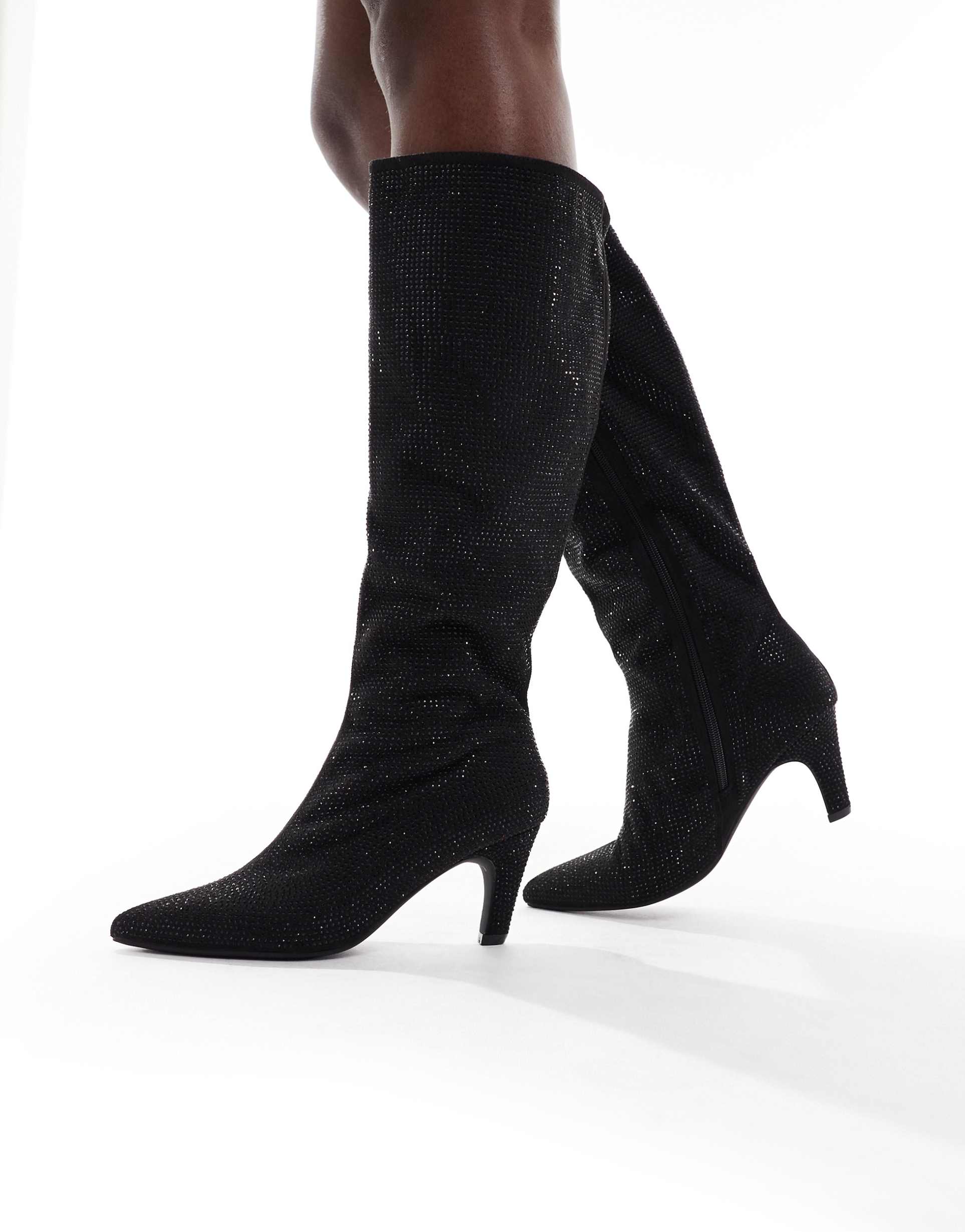 seqwl starburst knee boots in black embellished
