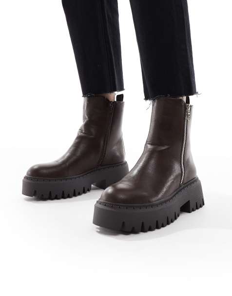SEQWL Stella zip detail chunky boots in brown - view 1